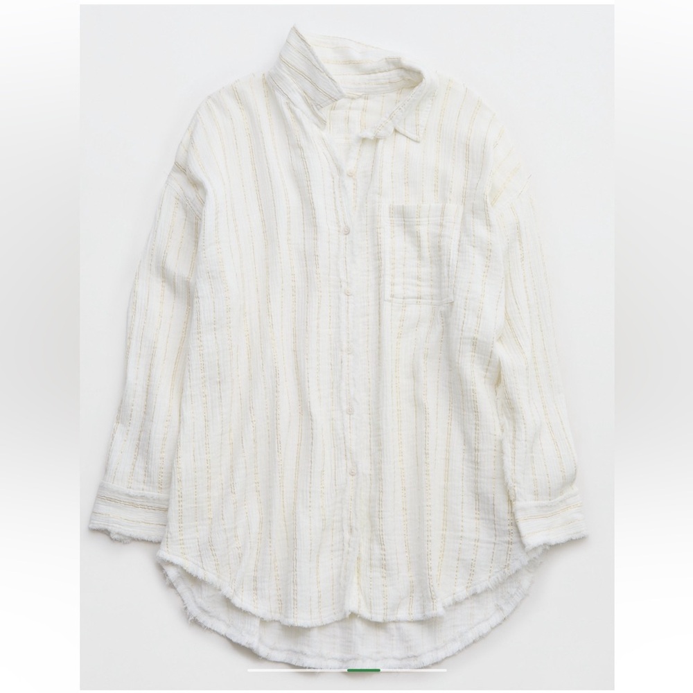 Aerie Cream and Gold Gauze Striped Coverup Shirt